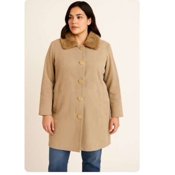 Liz Claiborne VTG Women's SZ L Tan Suede Trench Coat Removable Fur Collar - Picture 1 of 11